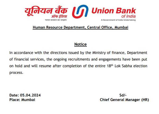 Union Bank of India SO 2024 Update