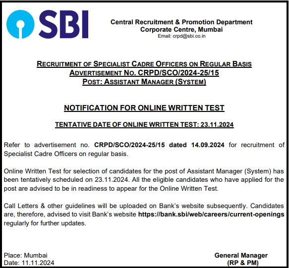 SBI SO Exam Date Notice