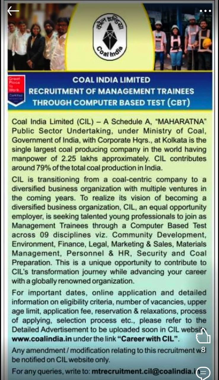 Coal India Recruitment 2025 Out: कोल इंडिया लिमिटेड ने मैनेजमेंट ट्रेनी पदों पर निकाली भर्ती, ये चाहिए होगी पात्रता | Latest Hindi Banking jobs_3.1