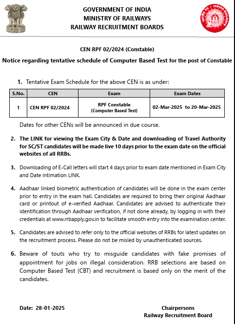 RPF Constable Exam Date 2025 Out, Online Exam Starts from 2 March_3.1