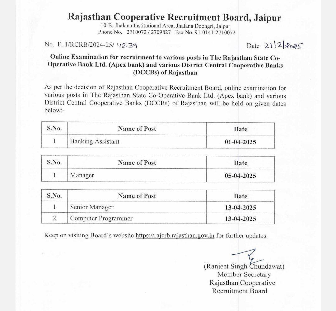 Rajasthan Cooperative Bank Exam Date 2025: राजस्थान सहकारी बैंक ने विभिन्न पदों के लिए परीक्षा तिथियां की जारी, देखें कब होगी परीक्षा | Latest Hindi Banking jobs_3.1