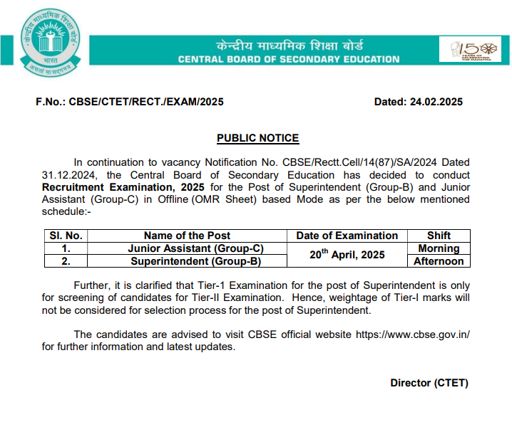 CBSE Exam Date 2025 Out for 212 Junior Assistant and Superintendent Posts_3.1